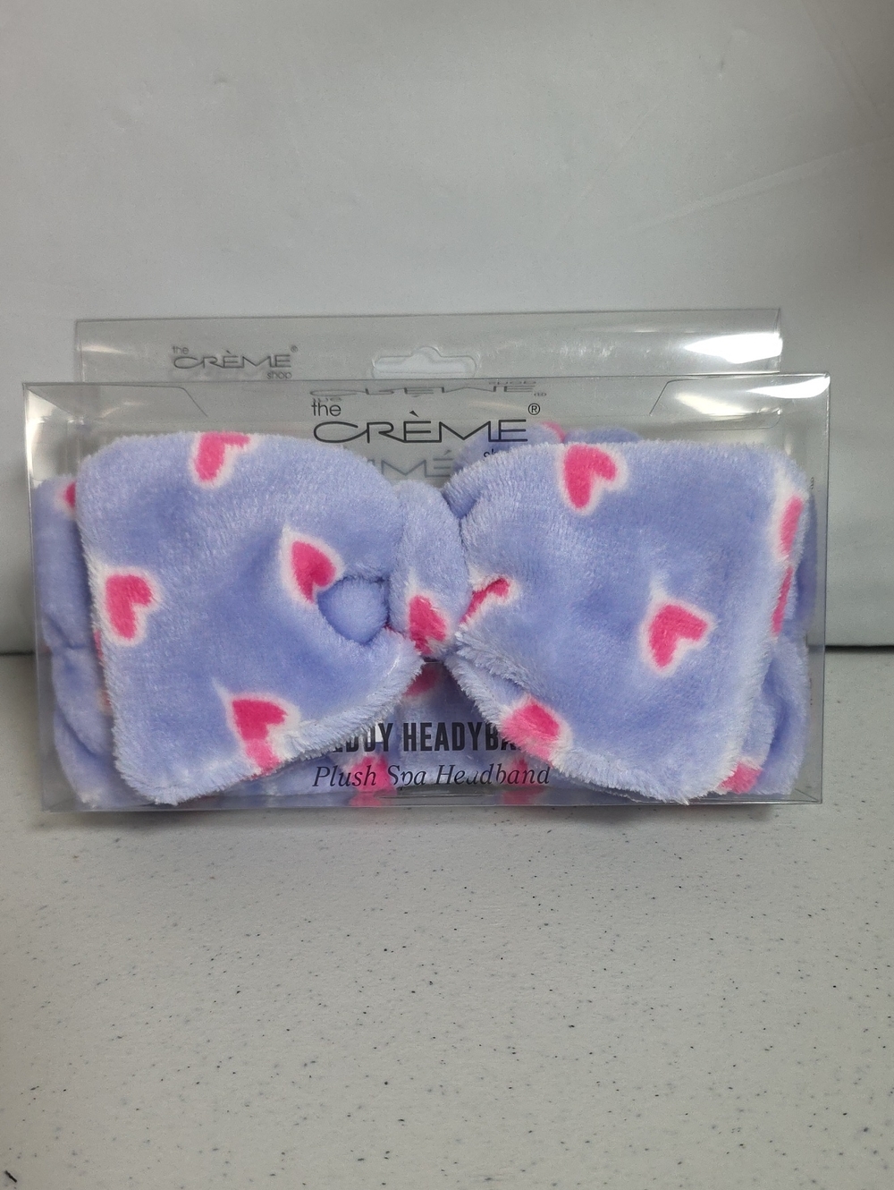Plush Lavender Headband with Pink Hearts